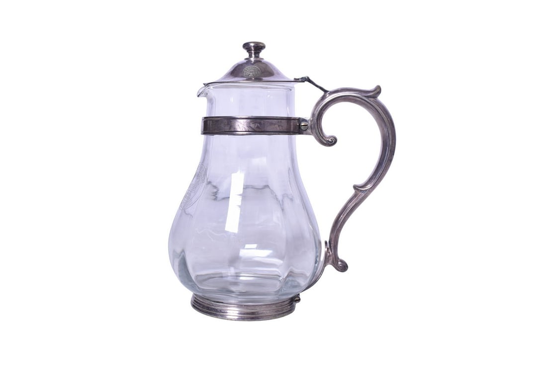 Southern Pacific Railroad Reed & Barton Silver Glass Water Carafe: A large glass water carafe pitcher or coffee pot for Southern Pacific Railroad etched with the Southern Pacific Lines Sunset logo on the front of the glass and stamped with the logo on the side of the