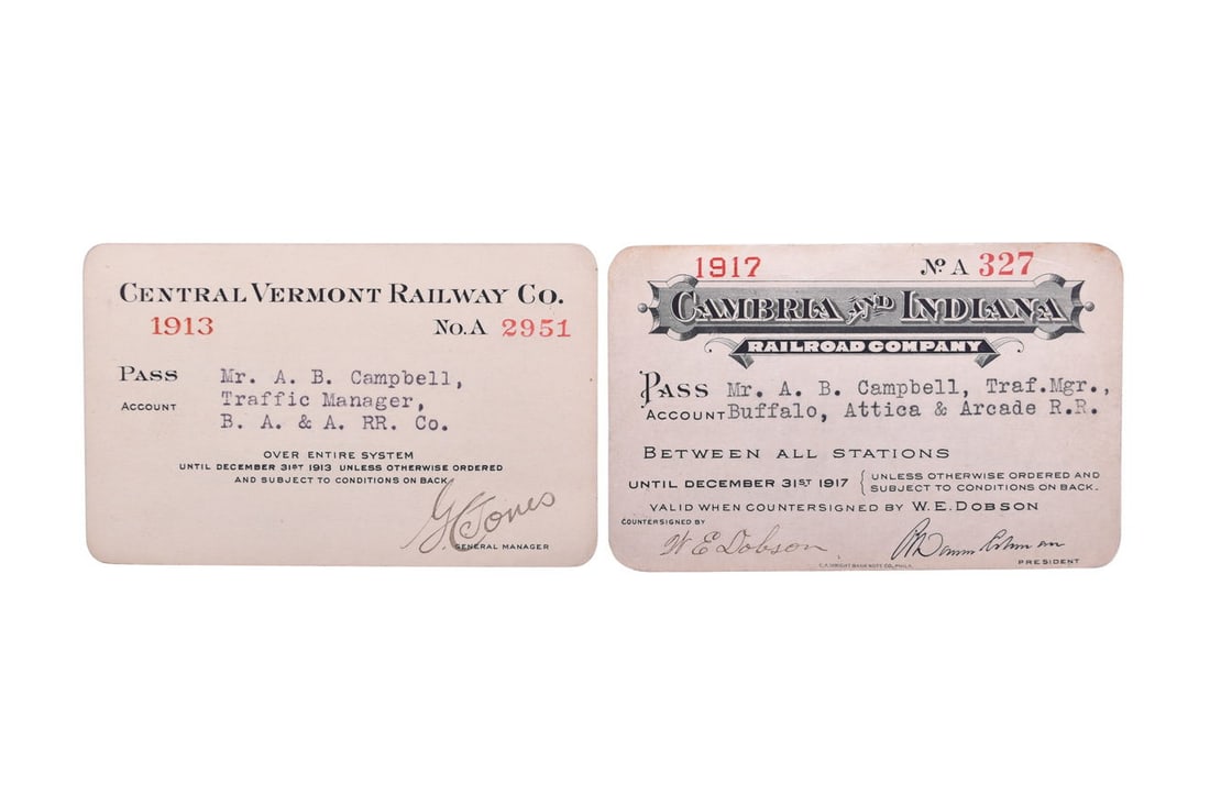 Pair of Railroad Annual Passes - 1917 Cambria & Indiana and 1913 Central Vermont: 1917 Cambria & Indiana Number 327 pass issued to A. B. Campbell, Traffic Mgr., Buffalo, Attica and Arcade RR, countersigned by W. E. Dobson, Gen. Mgr.. Western PA short line (18.8 mi) started in 1911,