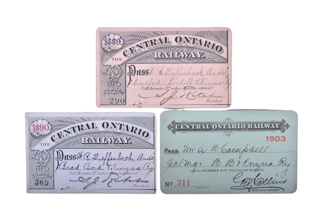 Trio of Central Ontario Railway 1889, 1890, 1903 Annual Railroad Passes: 1889 Number 290, 1890 number 369 and 1903 number 311 passes issues to W. R. Dieffenback, Auditor, Bradford, Bordell and Kinzua Ry by S. J. Ritchie, President; CORy was also known as Ritchie's Folly. I