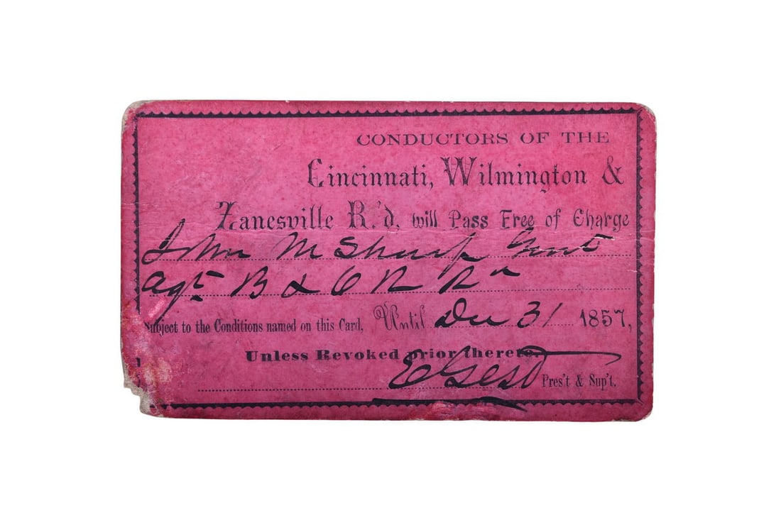 Cincinnati, Wilmington & Zanesville Railroad 1857 Annual Pass (1 of 2)