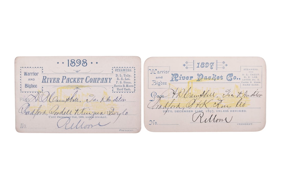 Pair of Warrior and Bigbee River Packet Co. 1897, 1898 Annual Steamboat Passes (1 of 2)