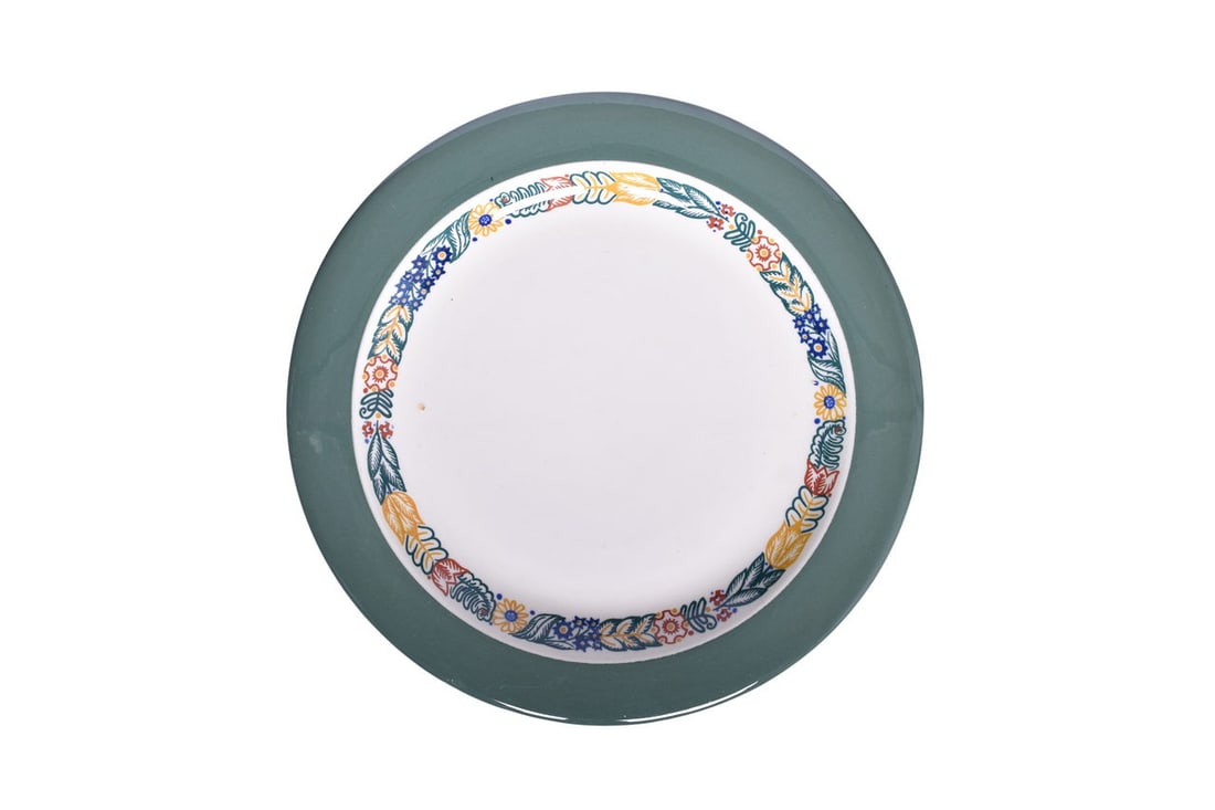 Pennsylvania Railroad Buffalo China Karasz Service Plate: A 10 1/2" dining car service plate for the Pennsylvania Railroad in the Karasz pattern, bottom stamped Buffalo For Broadway Limited Pennsylvania Railroad Company with the PRR keystone logo Design Kara