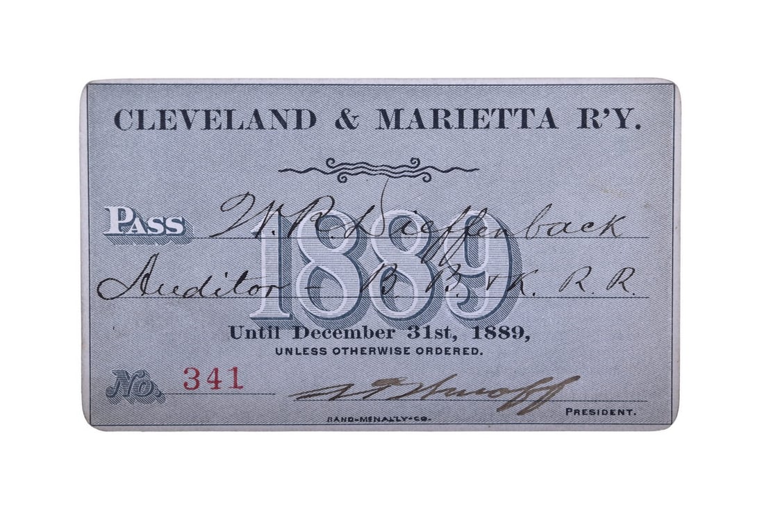 Cleveland & Marietta Railway 1889 Annual Railroad Pass: Number 341 pass issued to W. R. Dieffenback, Auditor, Bradford, Bordell and Kinzua Railroad by President. Incorporated in 1879 as the Cleveland and Marietta Railroad and composed of several prior rail