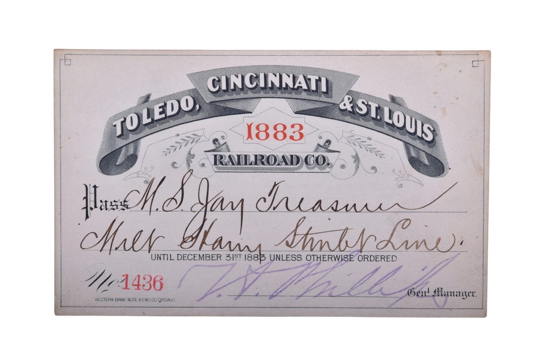 Toledo, Cincinnati and St. Louis Railroad 1883 Annual Pass (1 of 2)