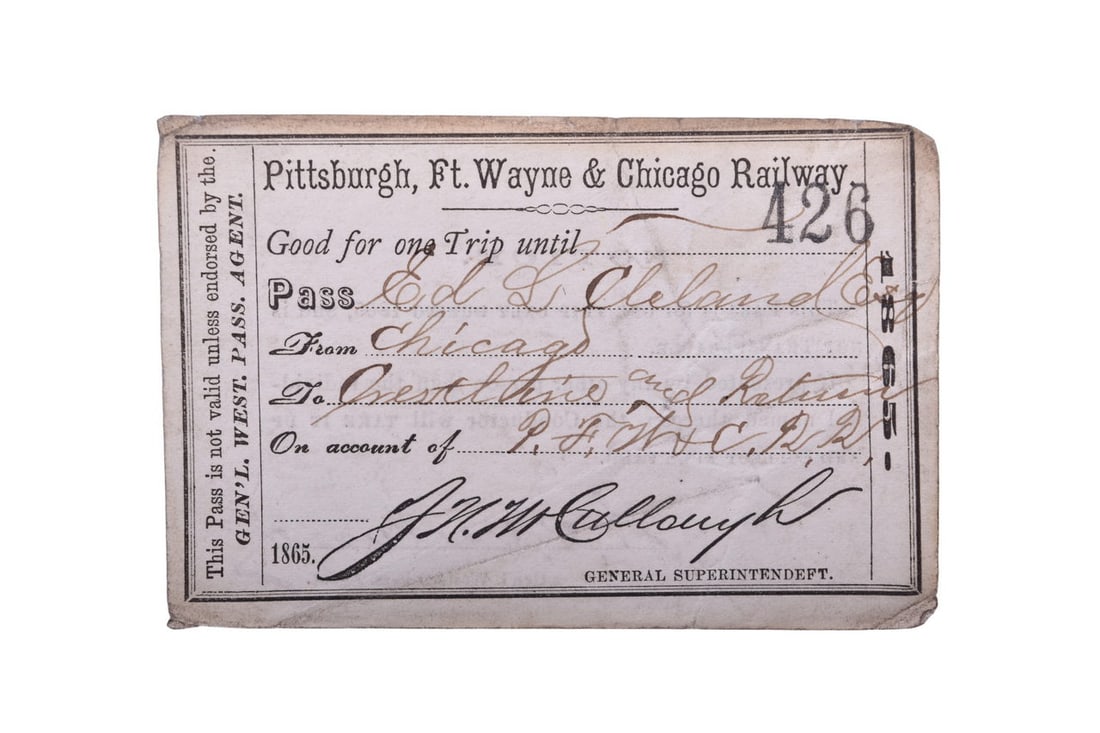 Pittsburgh, Ft. Wayne & Chicago Railway 1865 Railroad Pass (1 of 2)
