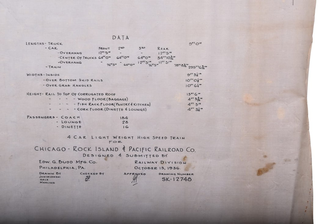 Original 1936 Budd Company Drawing for Chicago, Rock Island and Pacific Railroad - 4 Car Set: This is an original proposal pen and pencil drawing on vellum created by the Budd Company for the Chicago, Rock Island and Pacific Railroad with exterior and floorplan of a 4 car lightweight high spee