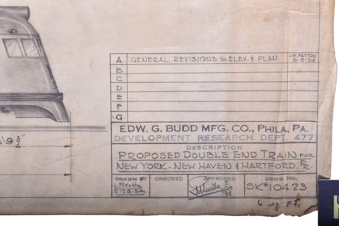 Original 1934 Budd Company Drawing for New York, New Haven & Hartford Railroad - First Zephyr?: This is an original proposal pen and pencil drawing on paper created by the Budd Company for the New York, New Haven & Hartford Railroad with exterior and floorplan of a proposed double-end train susp