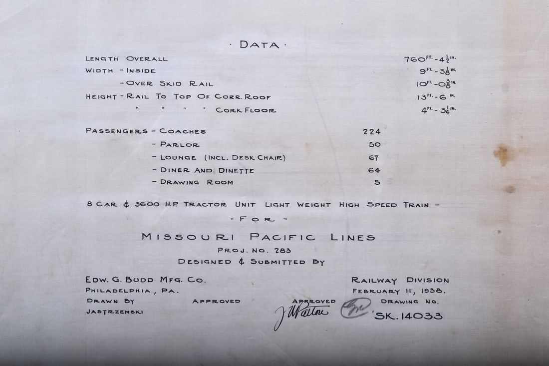 Original 1938 Budd Company Drawing for Missouri Pacific Railroad - 8 Car, 2 Locomotive Set: This is an original proposal pen and pencil drawing on vellum created by the Budd Company for the Missouri Pacific Lines with exterior and floorplan of a 8 car & two 1800 diesel engines lightweight hi