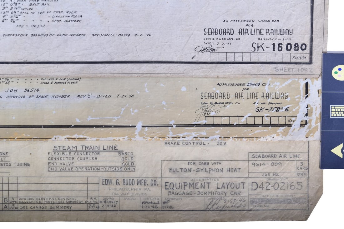 Three Original 1940s Budd Company Seaboard Air Line Railroad Passenger Car Drawings: Set of three original Budd Manufacturing Company railroad car drawings from the 1940s marked for Seaboard Air Line, pen on drafting linen. The prints include SK-16080 for a 56 Passenger Chair Car (Coa