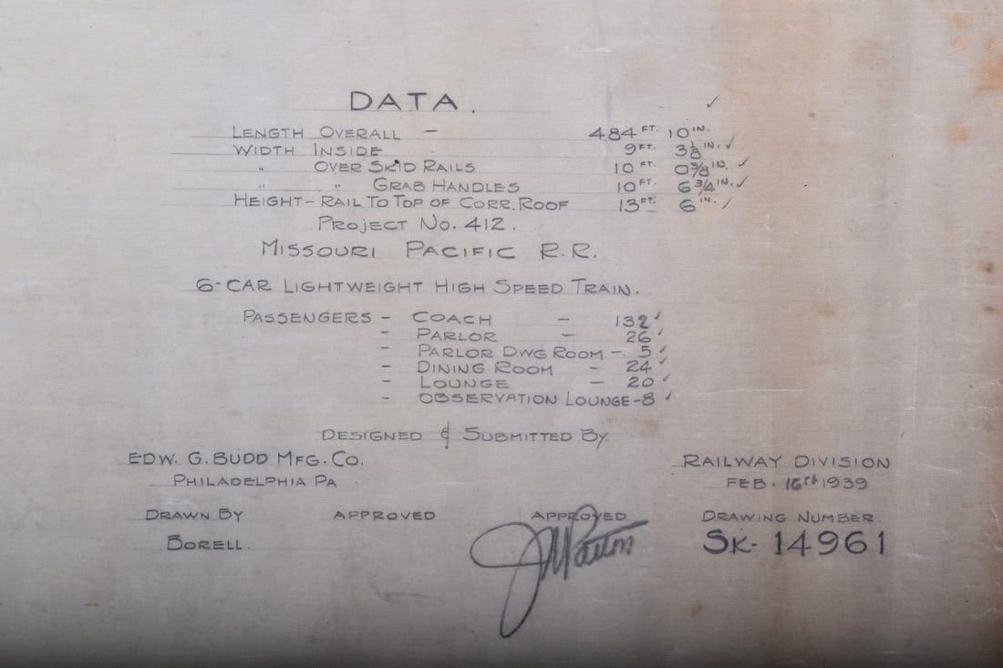 Original 1939 Budd Company Drawing for Missouri Pacific Railroad - 6 Car Train Set: This is an original proposal pen and pencil drawing on vellum created by the Budd Company for the Missouri Pacific Lines with exterior and floorplan of a 6 car lightweight high speed train set. It is
