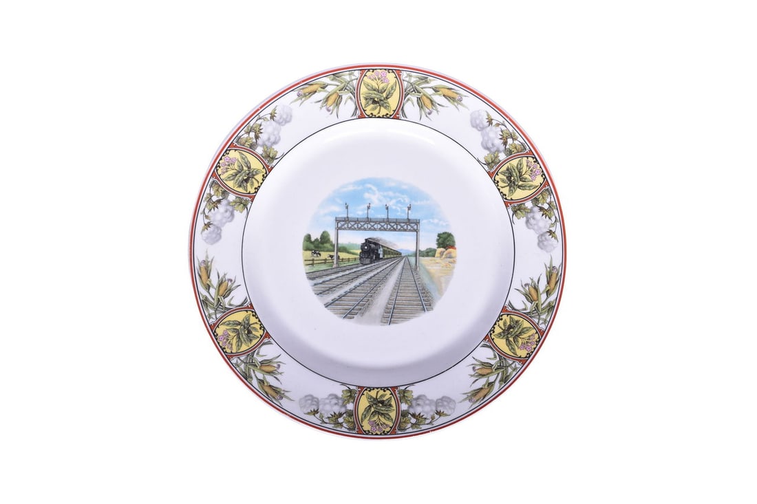 Illinois Central Railroad China Panama Limited Service Plate 10 1/4": A 10 1/4" china service plate for the Illinois Central Railroad "Panama Limited" by Syracuse China with diamond date code stamped into the chinaware. The plate shows minimal to no use but there are a