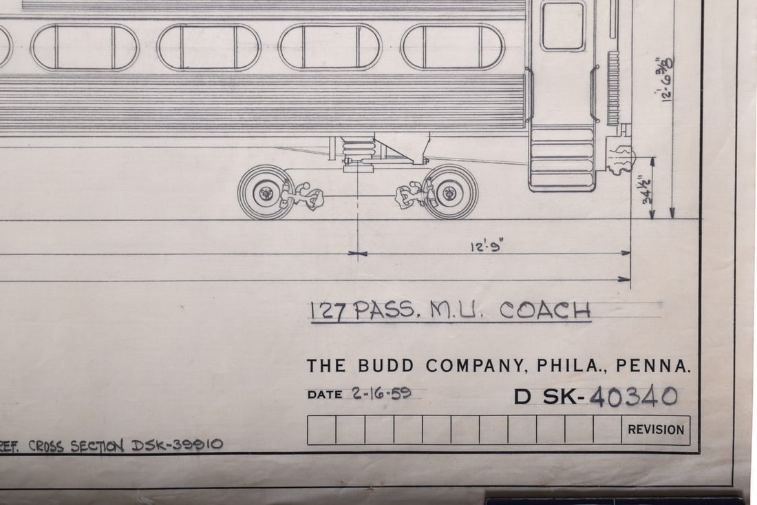 Original 1959 Budd Company Drawing for Long Island Railroad - 127 Passenger MU Coach: This is an original proposal pen and pencil drawing on vellum created by the Budd Company for the Long Island Railroad with exterior and floorplan of a 127 passenger MU coach car. It is dated 2-16-59