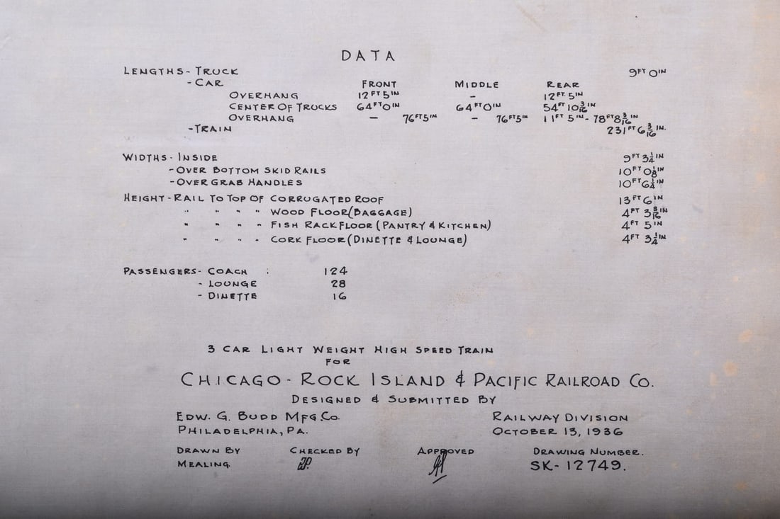 Original 1936 Budd Company Drawing for Chicago, Rock Island and Pacific Railroad - 3 Car Set: This is an original proposal pen and pencil drawing on vellum created by the Budd Company for the Chicago, Rock Island and Pacific Railroad with exterior and floorplan of a 3 car lightweight high spee