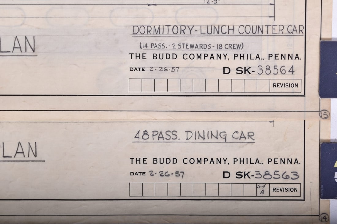 Pair of Original 1957 Budd Company Rock Island Railroad Passenger Car Drawings: Two original Budd Manufacturing Company railroad car drawings from 1957 marked for Rock Island Railroad, pen on vellum. The prints include SK-38564 for a Dormitory Lunch Counter Car and SK-38563 for a