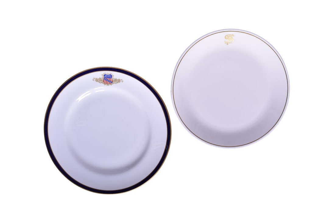 Pair of Railroad China Business Car Plates - Union Pacific Shoshone and Southern Pacific: Includes a 10 3/4" china plate for the Union Pacific Railroad in the Shoshone pattern, top marked with the UP Shoshone hallmark and bottom marked Y7332-B Consul Spode Fine Bone China England Tiffany &