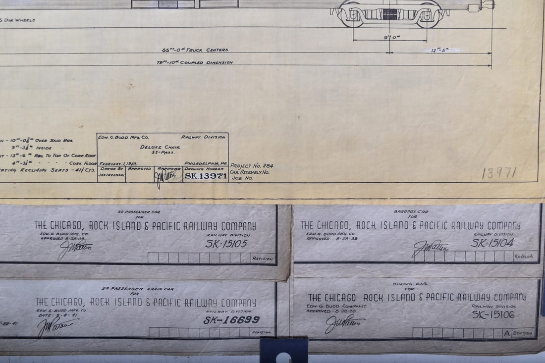 Five Original 1939 Budd Company Chicago, Rock Island & Pacific Railroad Passenger Car Drawings (1 of 6)