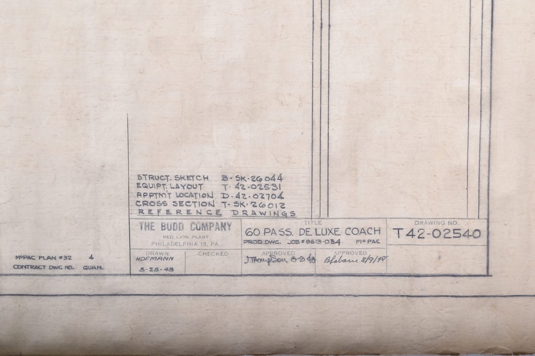 Original 1948 Budd Company Drawing for Missouri Pacific / MoPac Railroad - "The Eagle": This is an original proposal pen and pencil drawing on vellum created by the Budd Company for the Missouri Pacific or MoPac Railroad with exterior and floorplan of a 60 Passenger Deluxe Coach Car name