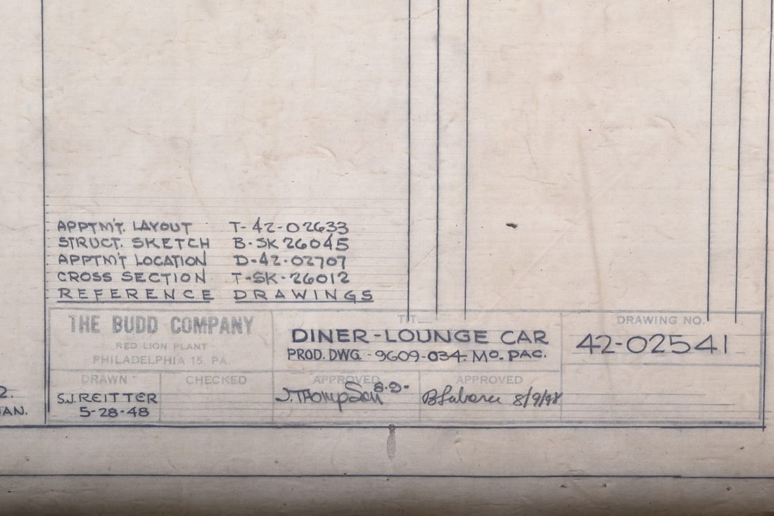 Original 1948 Budd Company Drawing for Missouri Pacific / MoPac Railroad - "The Eagle" Lounge Diner: This is an original proposal pen and pencil drawing on vellum created by the Budd Company for the Missouri Pacific or MoPac Railroad with floorplan and side view of a Lounge-Diner Car for "The Eagle"