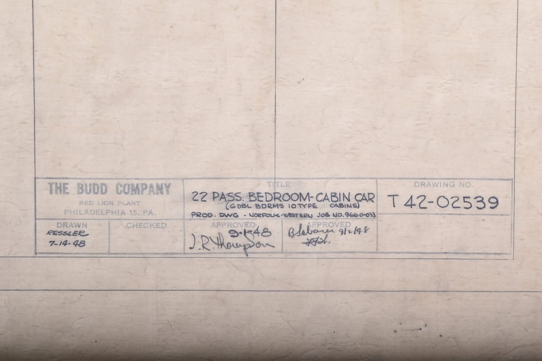 Original 1948 Budd Company Drawing for Norfolk and Western Railroad - Bedroom Cabin: This is an original proposal pen and pencil drawing on vellum created by the Budd Company for the Norfolk and Western Railroad with exterior and floorplan of a 22 Passenger Bedroom-Cabin Car. The exte