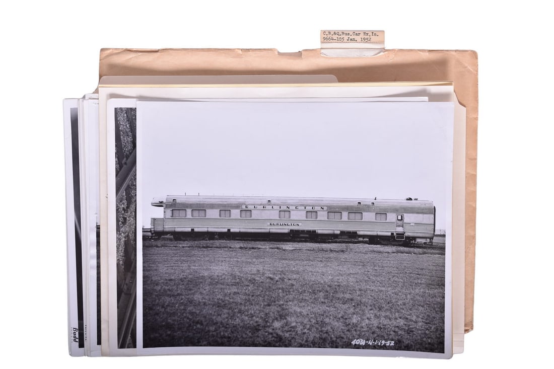 Budd Company CB&Q Business Car "Burlington" Original Photographs: Approximately 30 black and white photographs from the Budd Company archives showing CB&Q Business Car "Burlington" during and after construction in 1952. Also included is an original Budd list of the