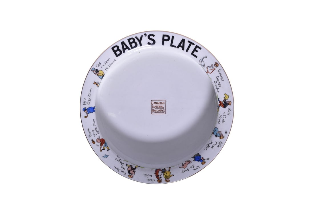 Canadian National Railway China Children's Bowl "Baby's Plate": A 6 3/4" by 1 1/4" china dish for Canadian National Railroad in the Children's pattern, top marked with the box logo and Baby's Plate, by Burleigh Ware. The deep dish features colorful nursery rhyme c