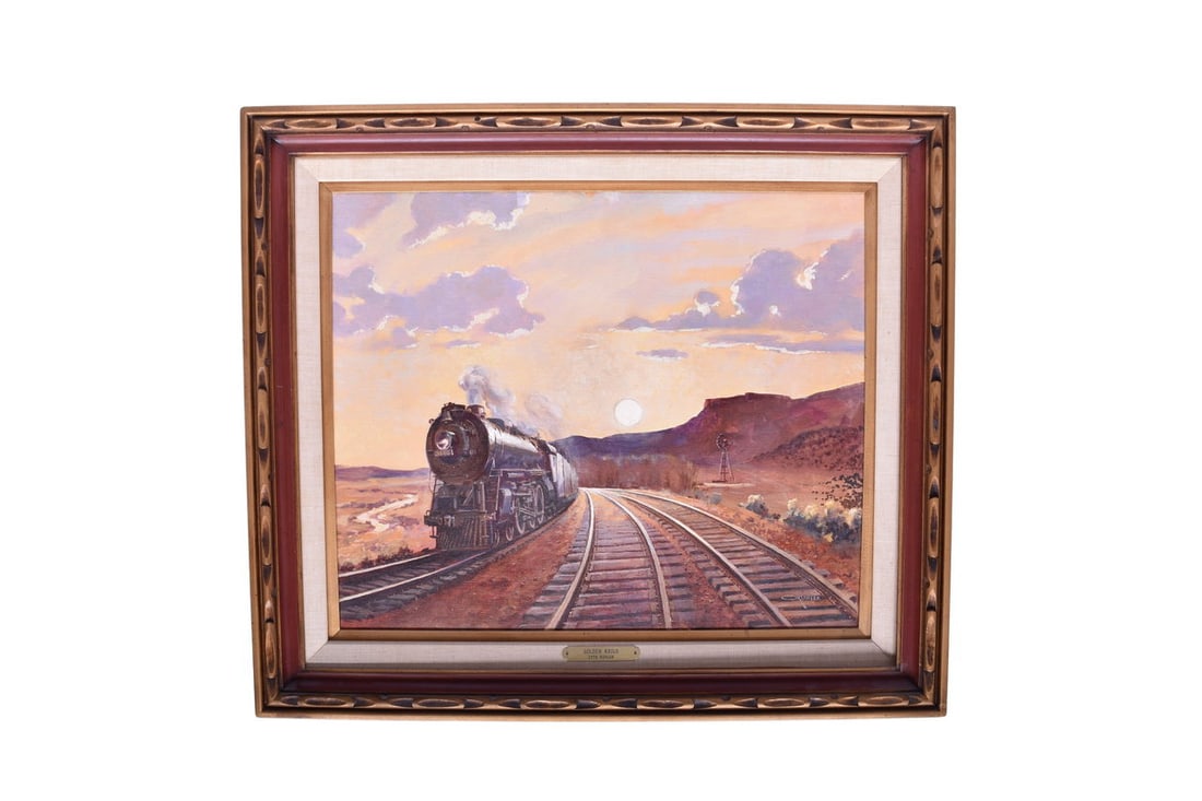Original Otto Kuhler Oil Painting - Golden Rails: Original 20" x 24" Otto Kuhler painting entitled, "Golden Rails". From the artist, "It takes a big country with a vast sky above to produce golden sunsets above a quiet peaceful land. The moaning, far