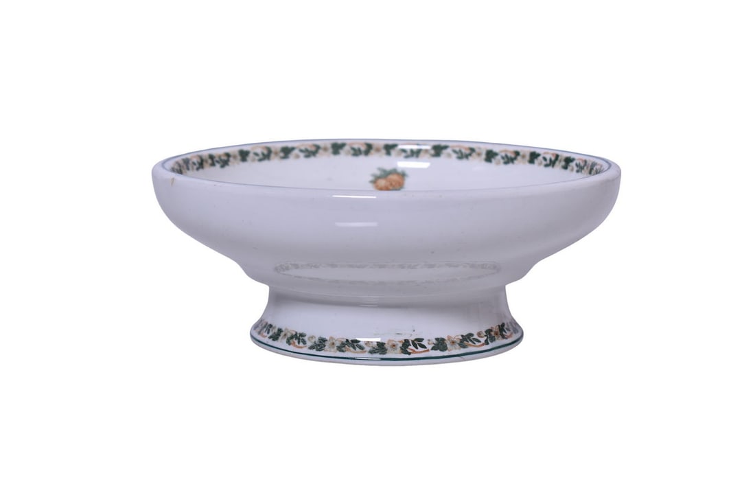 Southern Pacific Railroad China Imperial Footed Compote Bowl: A 7 1/4" diameter by 2 3/4" tall footed compote for the Southern Pacific Railroad in the Imperial pattern, bottom stamped with the Sunset logo by Maddock. Dish shows some spottiness to the orange and