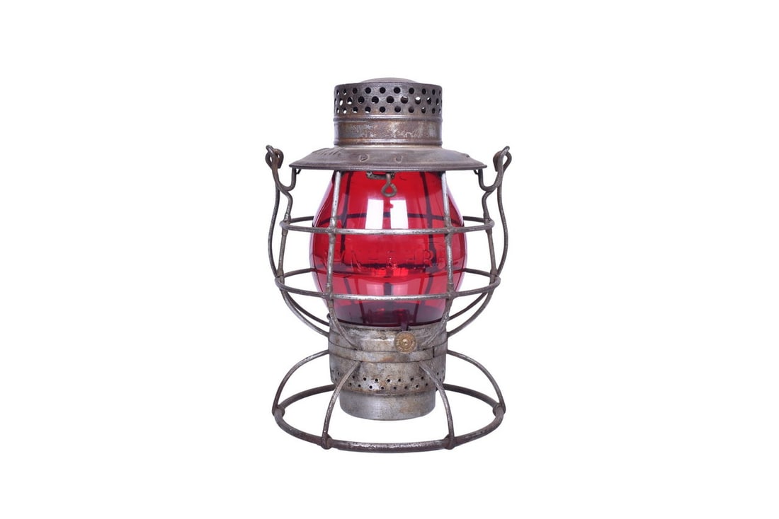 Dietz No. 39 Vulcan New York, New Haven & Hartford Railroad Lantern w/ Red Cast Globe: Dietz No. 39 Vulcan lantern with NYNH&H RR embossed on the shoulder. Lantern is in good condition with spots of mild pitting and rust. Burner pot and fount are present. The tall red CNX globe has NYNH