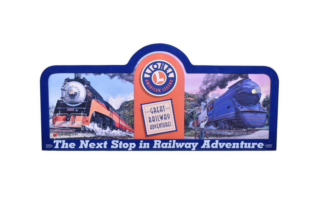 Lionel Great Railway Adventures Sign: Approximately 48" by 22" plastic and corkboard painted sign reading "Lionel American Legend Great Railway Adventures - The Next Stop in Railway Adventure". Sign also has Learning Curve in the bottom l