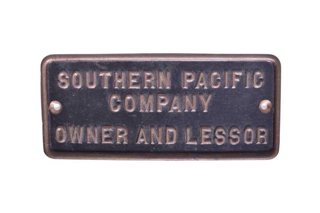 Southern Pacific Company Railroad Cast Brass Trust Plate: Cast brass trust plate measuring roughly 9" by 4". Front is embossed Southern Pacific Company Owner And Lessor. Back is cast with PB20692 and hand etched ASPEN across the top. Plate is in good conditi