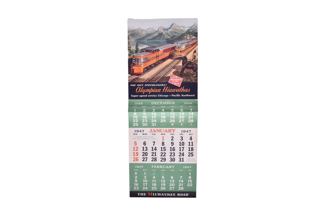 Complete 1947 Milwaukee Road Olympian Hiawathas Advertising Calendar: Chicago, Milwaukee, St. Paul & Pacific Railway calendar featuring Charles Kemp artwork of the 1947 Speedliners Olympian Hiawathas. Calendar is complete with 12 pages and measures 10 3/4" by roughly 28