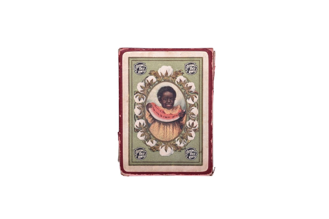 St. Louis Southwestern Railroad Cotton Belt Route Playing Cards - Watermelon Girl: Souvenir deck of playing cards for St. Louis Southwestern Railway Cotton Belt Route in the SSW-4 Wide Watermelon Girl Green style circa 1903. This deck is given a V-6, Rare, rating in Bollhagen's book
