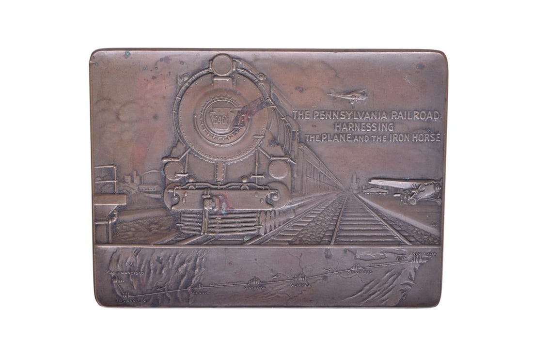 Pennsylvania Railroad Commemorative Brass Medal Paperweight - Inauguration of Rail-Air Passenger (1 of 2)