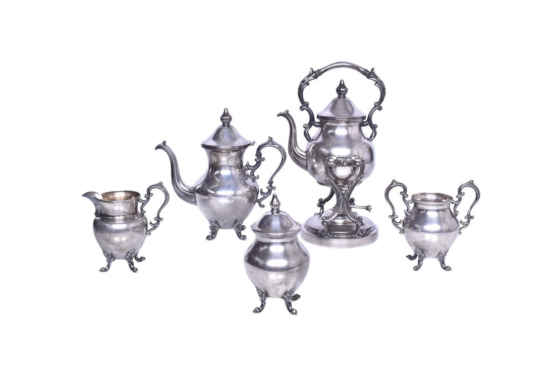 Birmingham Silver Co. Silver on Copper Coffee Tea Set - Teapot, Burner & Stand, Creamer, Sugar Bowl, (1 of 7)