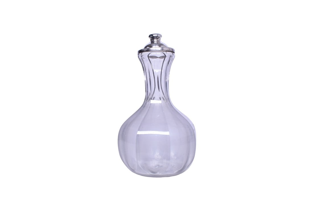 Temiskaming and Northern Ontario Railway Silver Carafe Cap and Glass Water Carafe: A large glass water carafe with fluted neck and silver cap or lid from the 1920s for the Temiskaming and Northern Ontario Railroad of Canada, top marked with engraved Ontario coat of arms and T&NOR. N