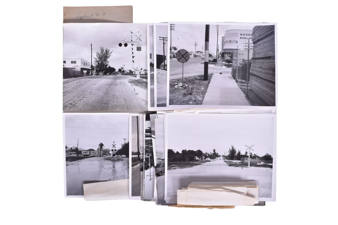 68 Florida East Coast Black and White Photos - Signals, Structures, etc: Group of sixty eight black and white photos, most measuring 11" x 14" and dating from around 1955 to 1959. These photos show various Florida East Coast crossings and structures around North Miami, Mel