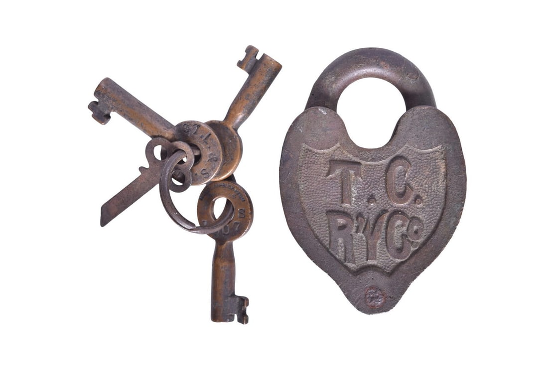 Tennessee Central Railway Co. Heart-Shaped Brass Railroad Lock with Key (1 of 3)