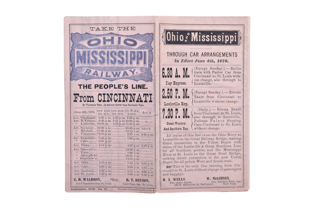 Ohio and Mississippi Railway 1876 Timetable (1 of 3)