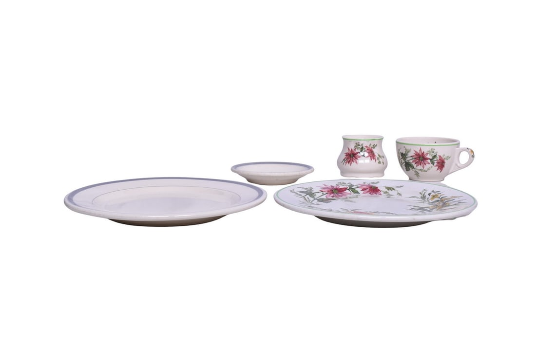 Five Mixed Pieces of Atlantic Coast Line Railroad Dining Car China: Three pieces of "Flora of the South" pattern china, bottom marked Buffalo China, Atlantic Coast Line Railroad. Includes small sugar dish without lid, Teacup and 9 1/4" dinner plate. Plate shows severa