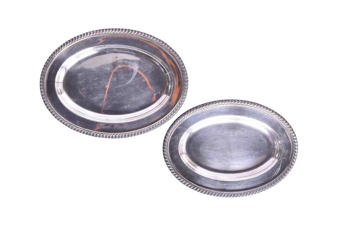 Pair of Gorham Chicago Burlington & Quincy Railroad Black Hawk Silver Oval Platter Plates (1 of 4)