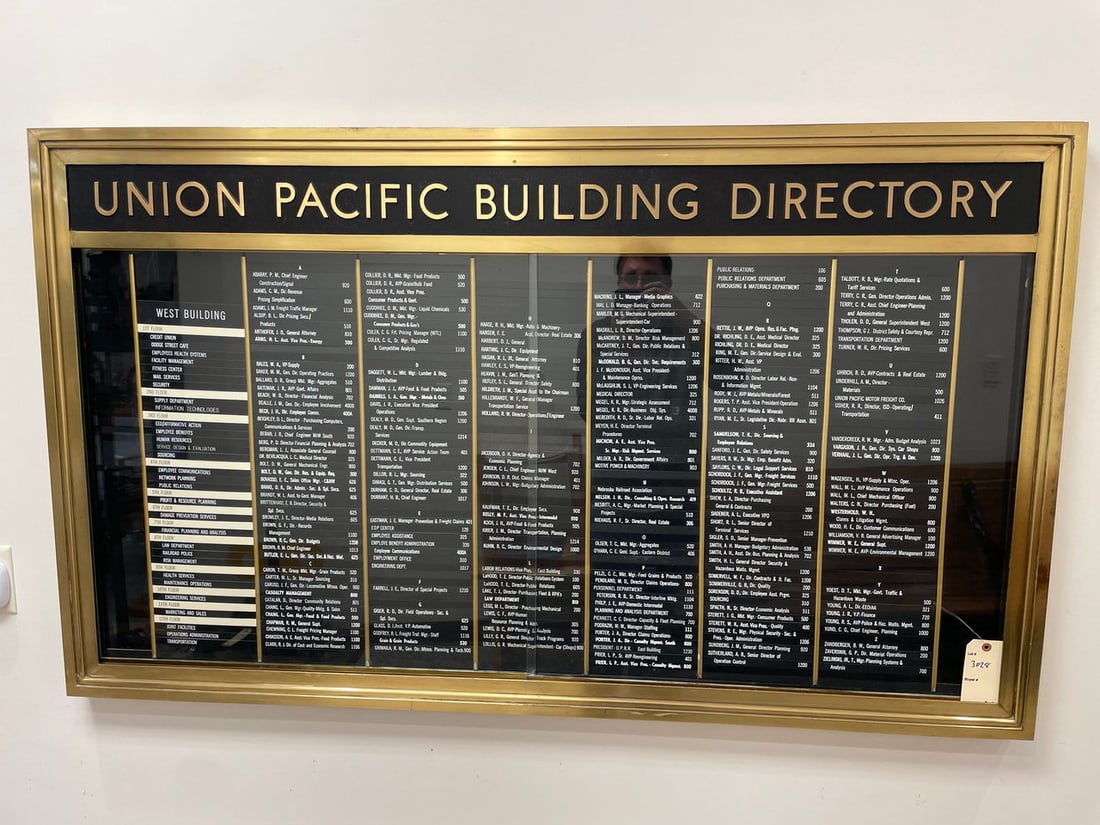 Brass Union Pacific Building Directory (Omaha Headquarters) - On Site Lot #3028 (1 of 2)