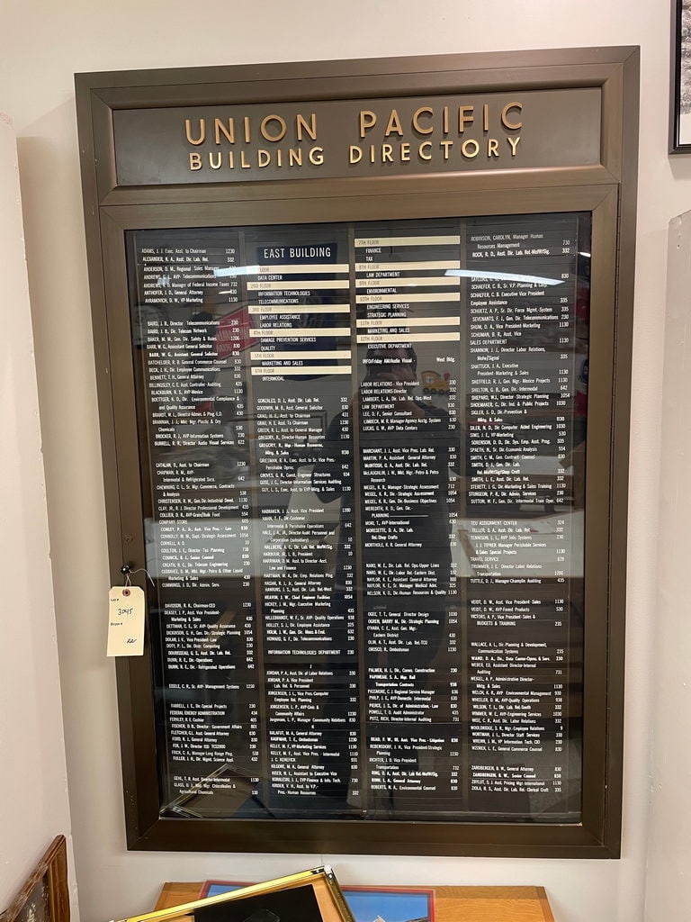 Union Pacific Building Directory (Omaha Headquarters) - On Site Lot #3045 (1 of 2)