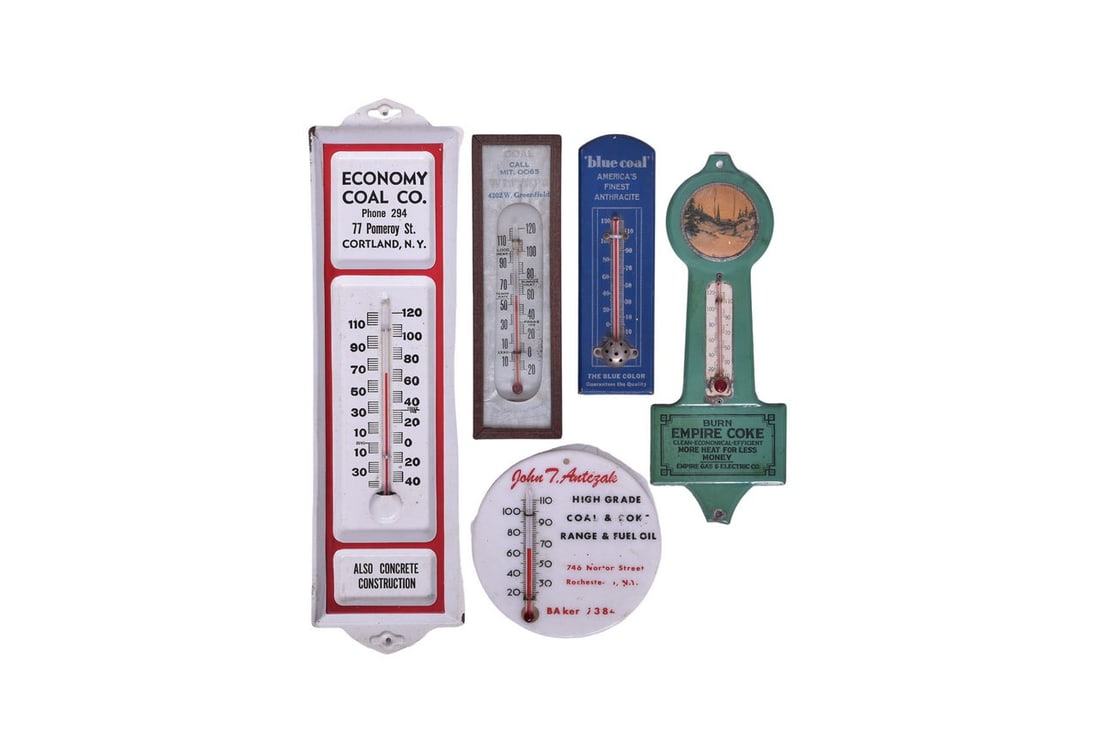 Collection of Five Coal Railroad Advertising Thermometers (1 of 4)