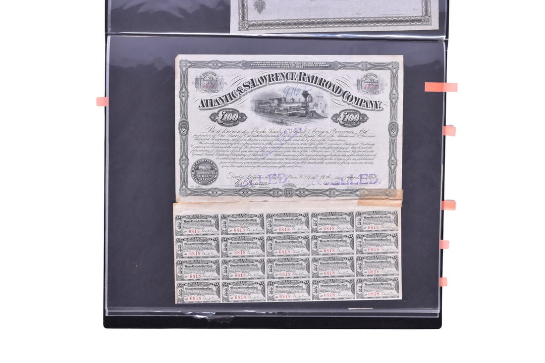 85 Railroad Stocks - 1893 Cayadutta Electric Railroad, Atlantic & St. Lawrence Railroad, Etc. (1 of 4)
