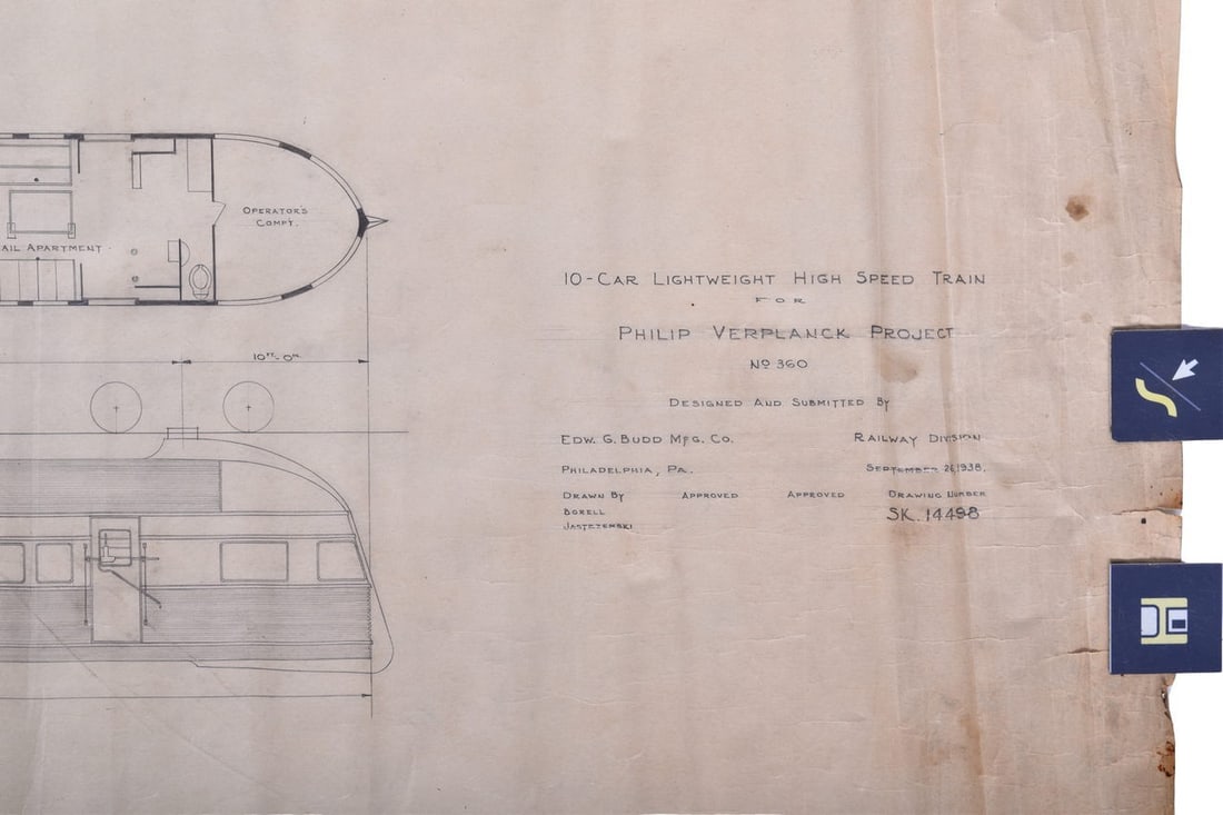 Original 1938 Budd 10 Car Lightweight High Speed Train "Philip Verplanck" Project - Pencil Drawing (1 of 4)