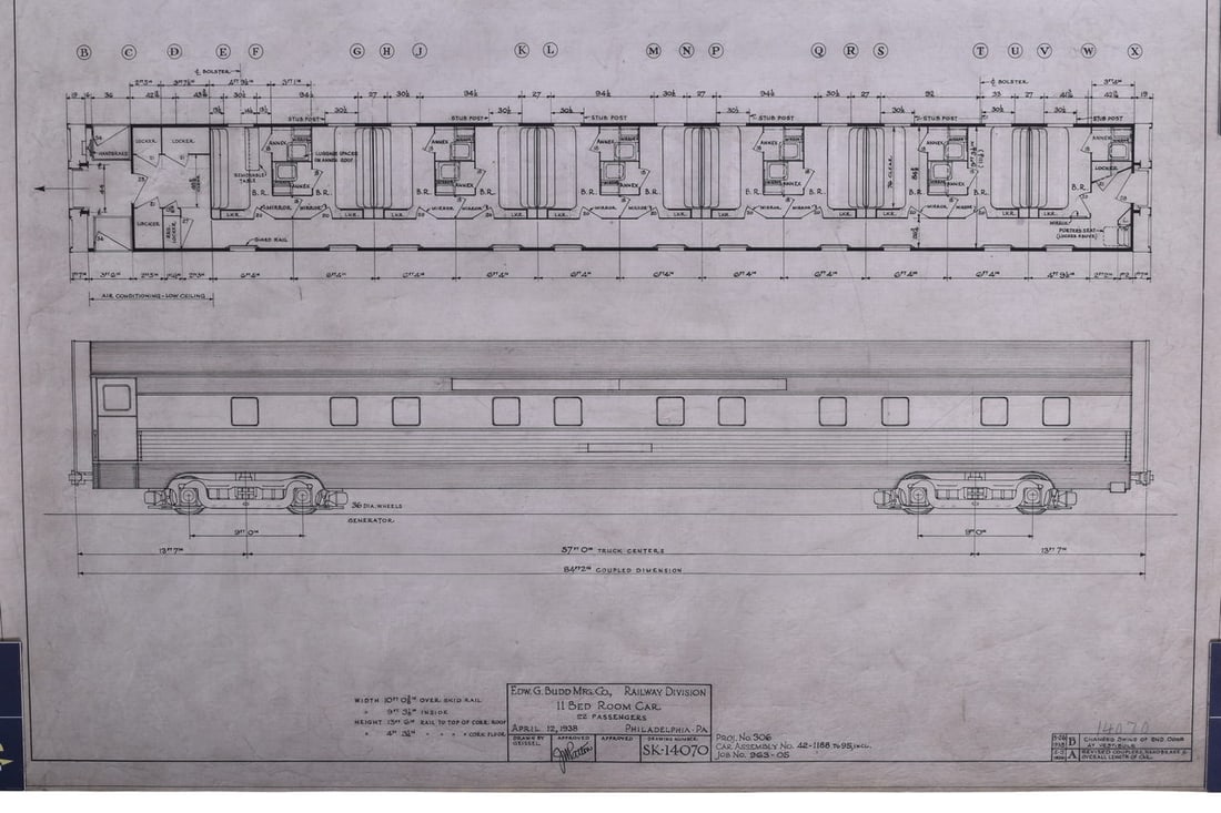Seven Original Budd Company Passenger Car Drawings - 1937 and 1938 (1 of 4)