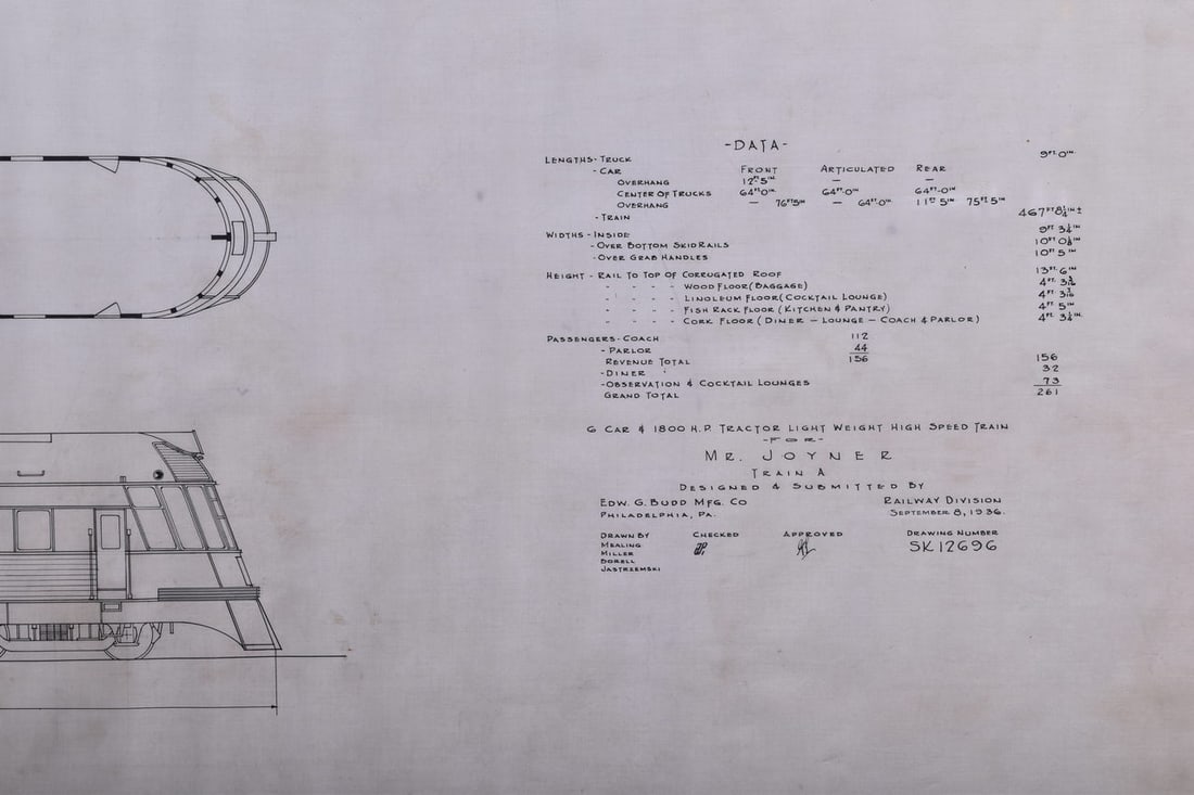 Original 1936 Budd Company Drawing for Proposed "Zephyr" 6 Car High Speed Train Set for Mr. Joyner (1 of 3)