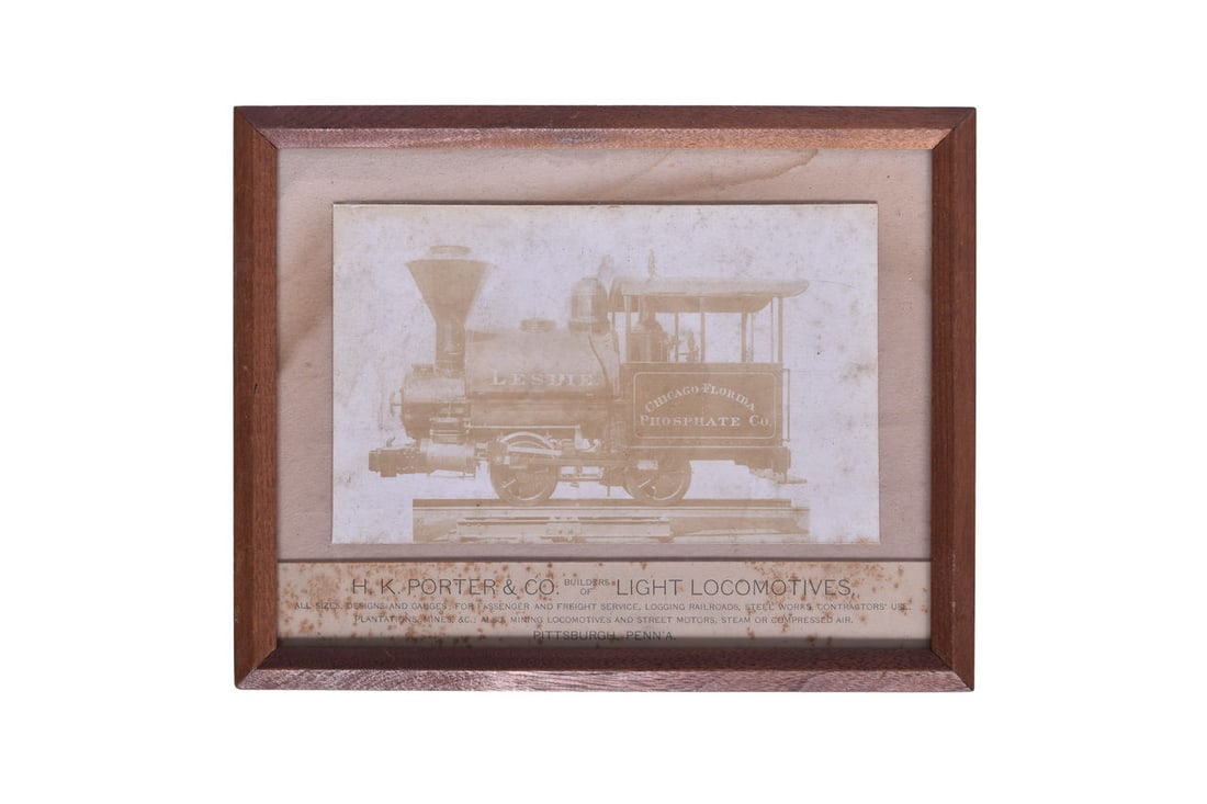 1890's H.K. Porter Chicago Florida Phosphate Co. Builders Photo w/ Matte: Builders photo from H.K. Porter of the Florida Phosphate Co. 0-4-0 Leslie locomotive. The frame measures 11" x 9" Both the original matte and photo have some light staining, but present decently well.