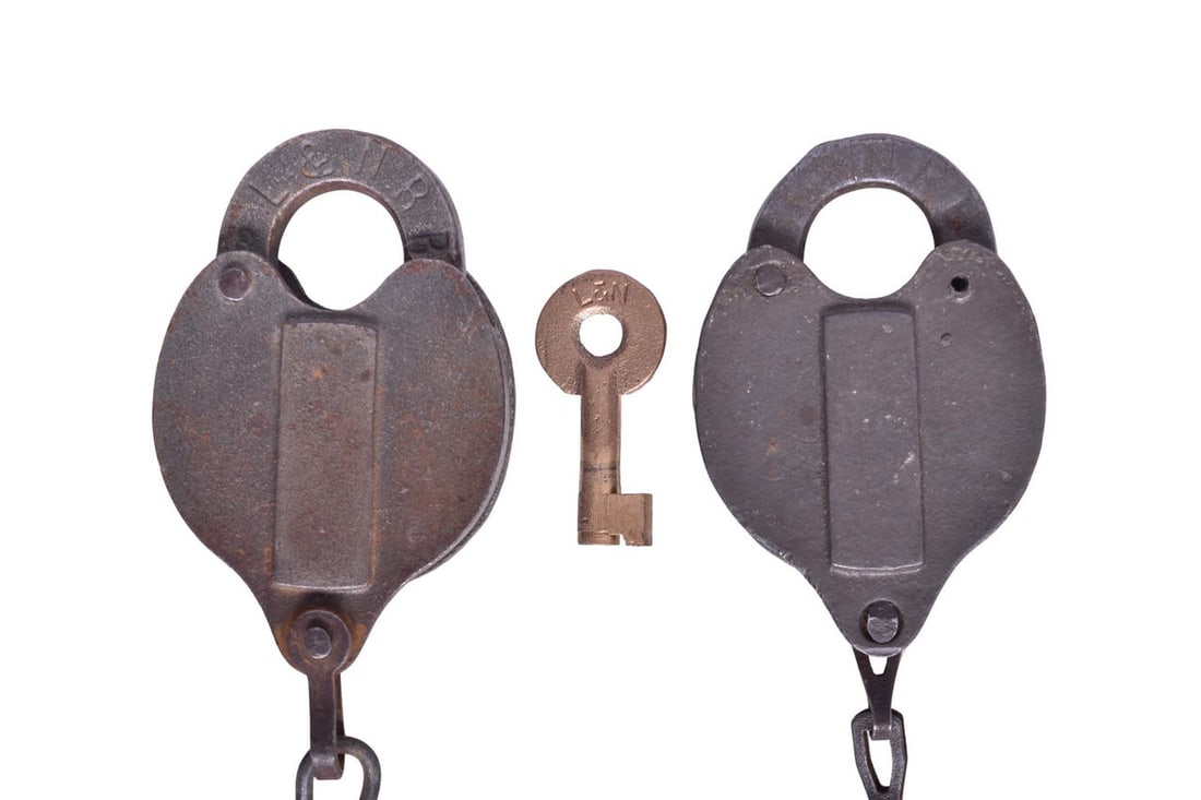 Pair of Louisville and Nashville Railroad Steel Serif Font Heart Shaped Locks (1 of 3)