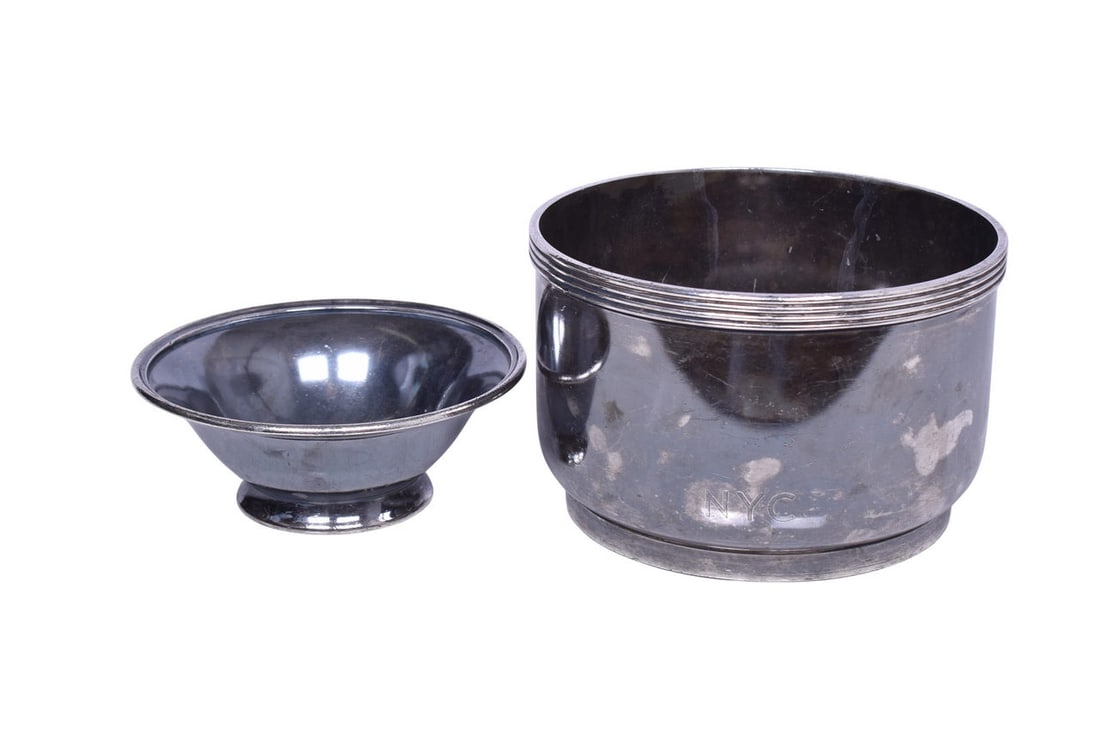 Pair of New York Central Dining Car Silver - Ice Bucket & Bowl: The large Ice Bucket measures 7 1/4"x 4 3/4" is front marked NYC and bottom stamped IS 05070 82 oz, and a date stamp of 1947. The ice bucket has mild-to-heavy signs of use and wear with nicks and mark